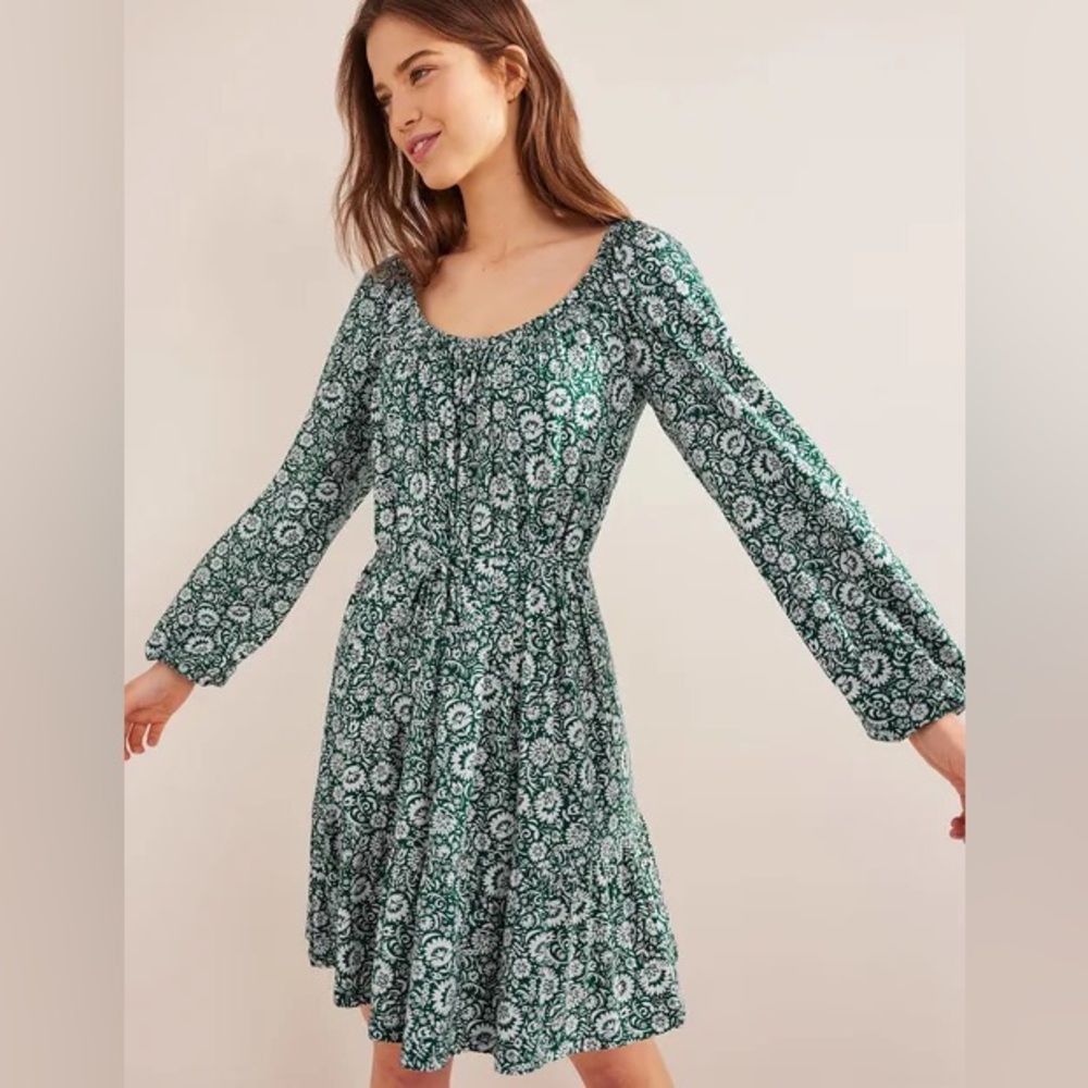 NWT Boden Scoop Tiered Jersey Mini Dress Bottle Green Bloom Cascade Floral Sz 2
